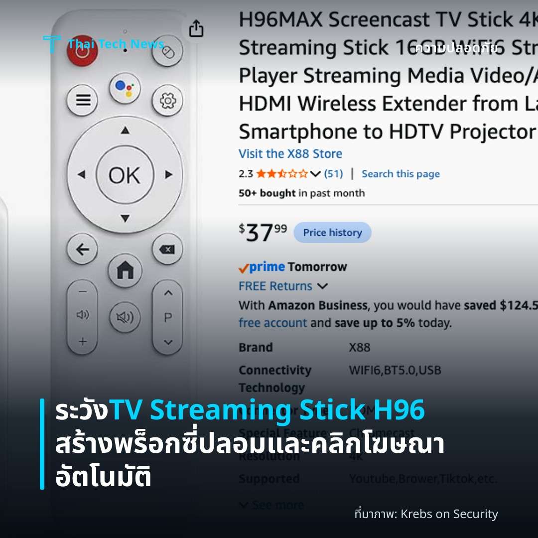 ระวัง TV Streaming Stick H96 สร้างพร็อกซี่ปลอมและคลิกโฆษณาอัตโนมัติ