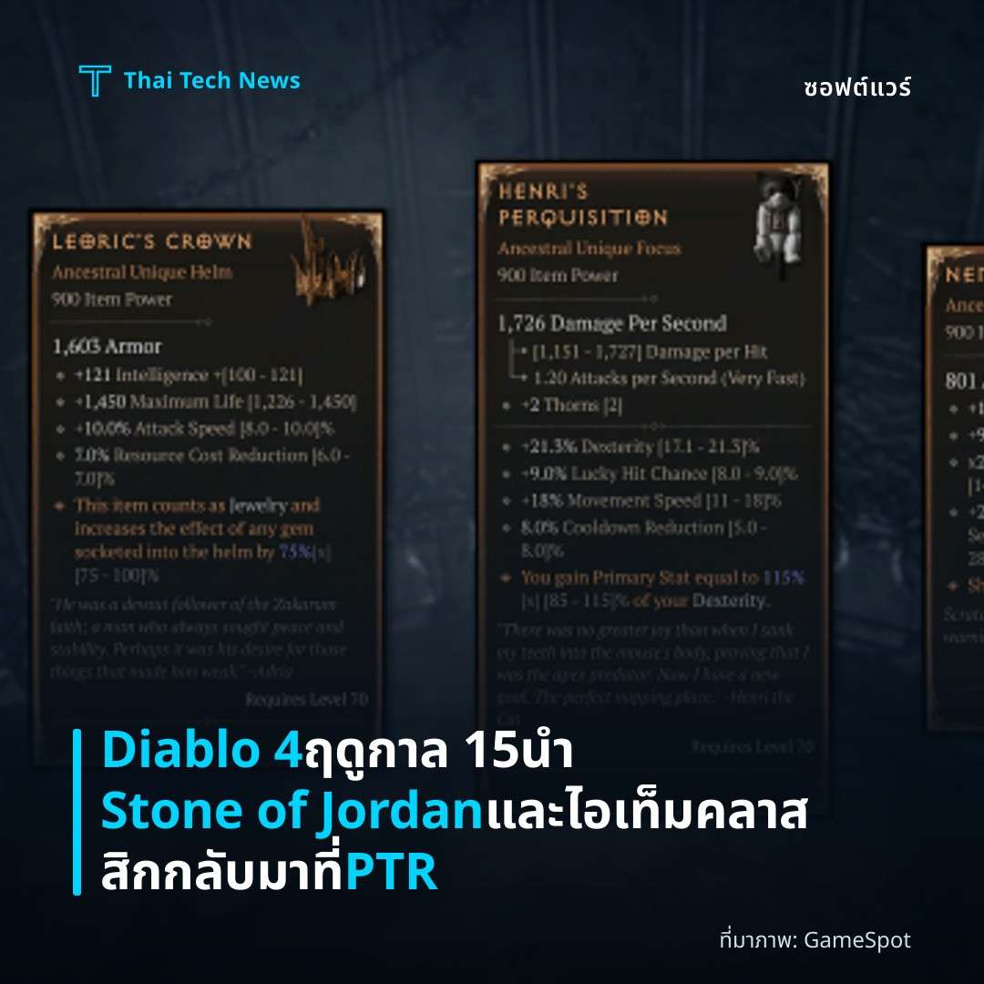 Diablo 4 ฤดูกาล 15 นำ Stone of Jordan และไอเท็มคลาสสิกกลับมาที่ PTR