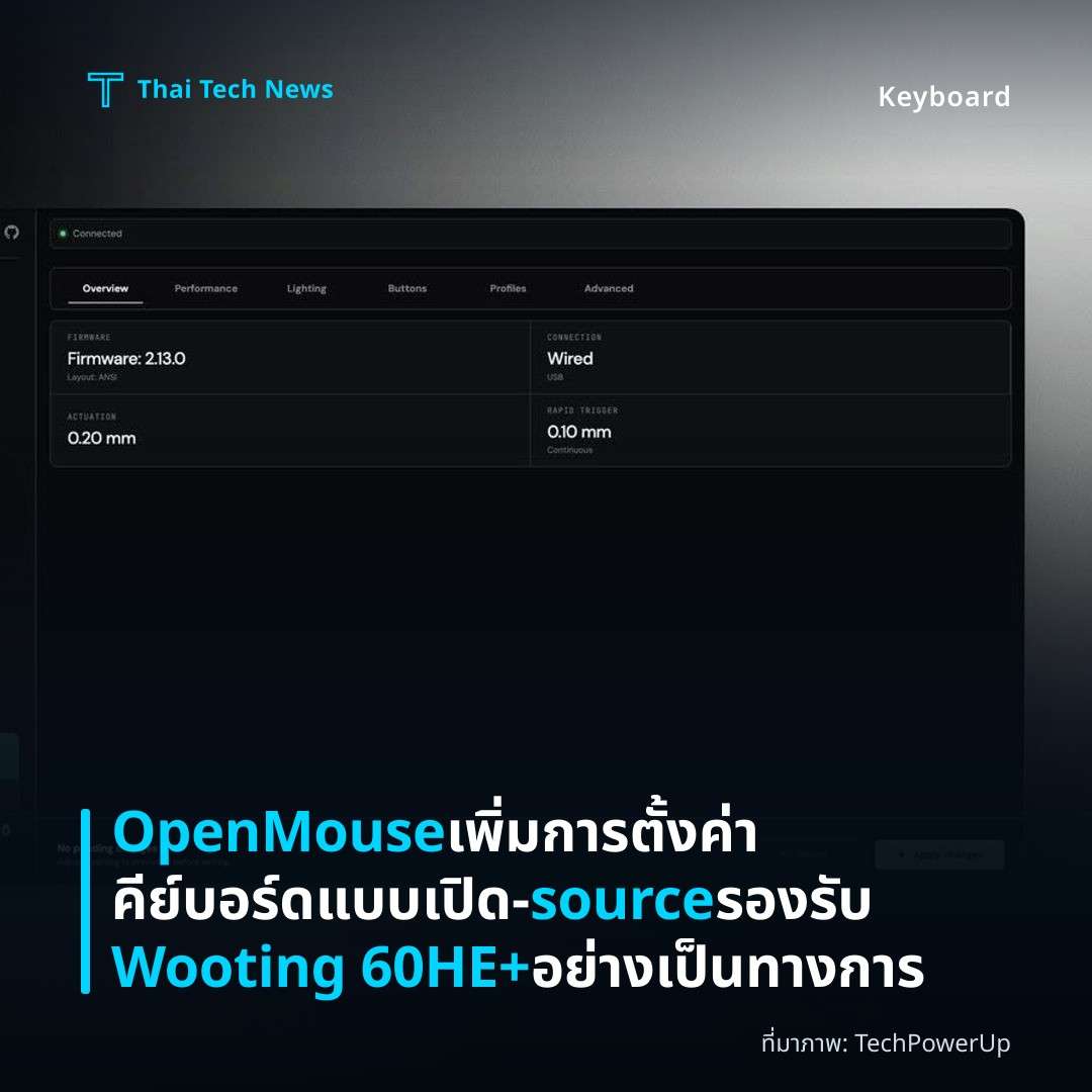 OpenMouse เพิ่มการตั้งค่าคีย์บอร์ดแบบเปิด‑source รองรับ Wooting 60HE+ อย่างเป็นทางการ