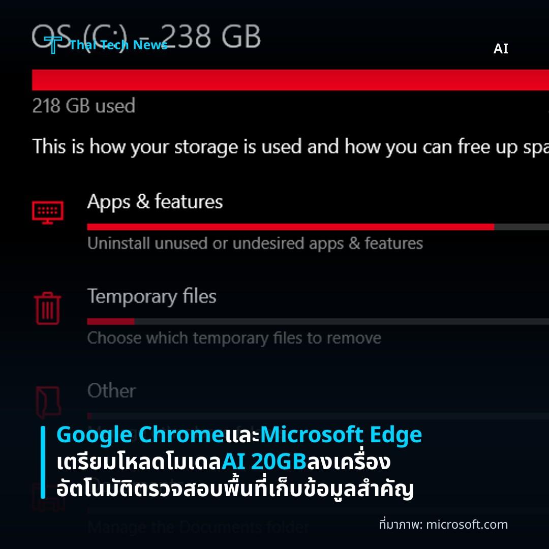 Google Chrome และ Microsoft Edge เตรียมโหลดโมเดล AI 20GB ลงเครื่องอัตโนมัติ ตรวจสอบพื้นที่เก็บข้อมูลสำคัญ