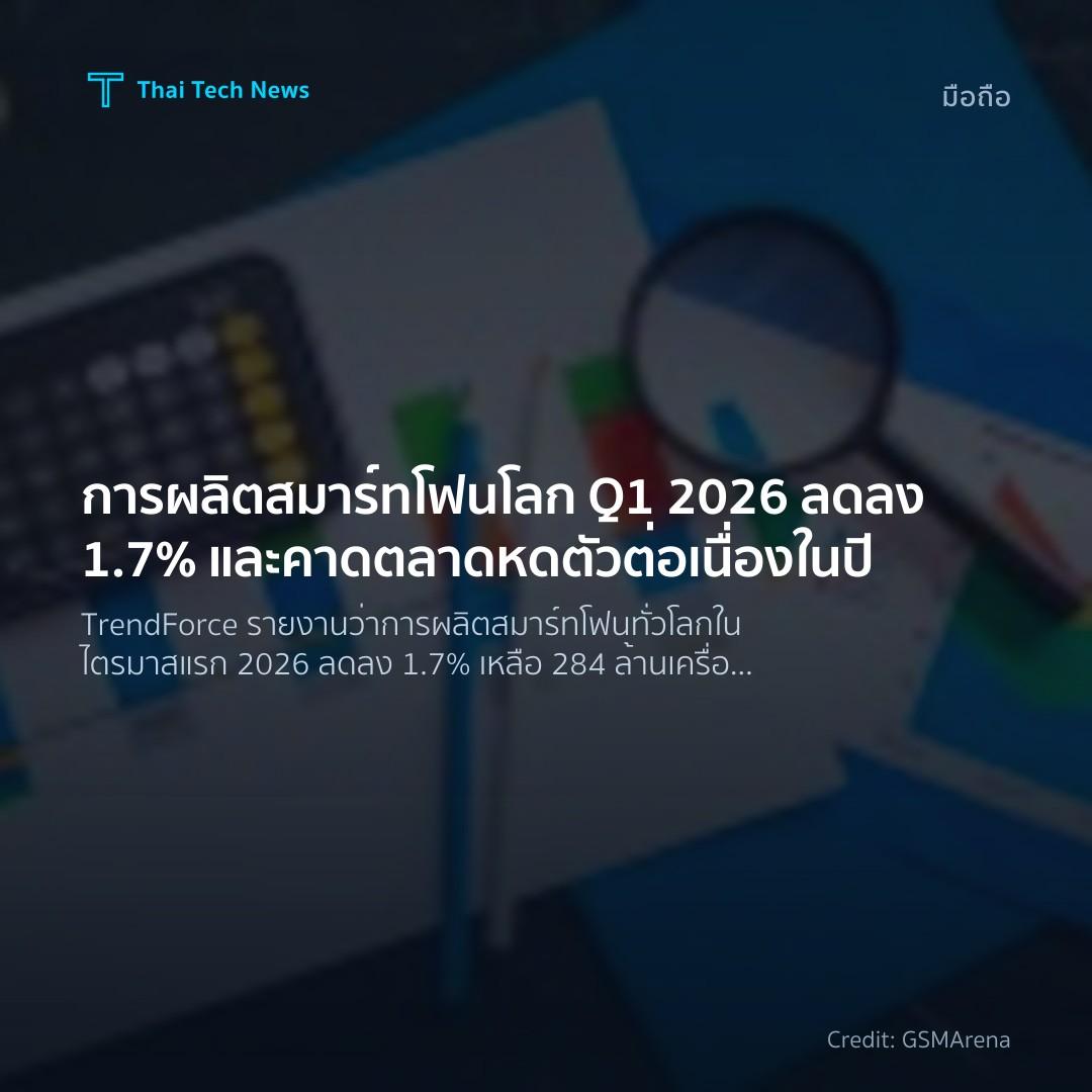 การผลิตสมาร์ทโฟนโลก Q1 2026 ลดลง 1.7% และคาดตลาดหดตัวต่อเ…