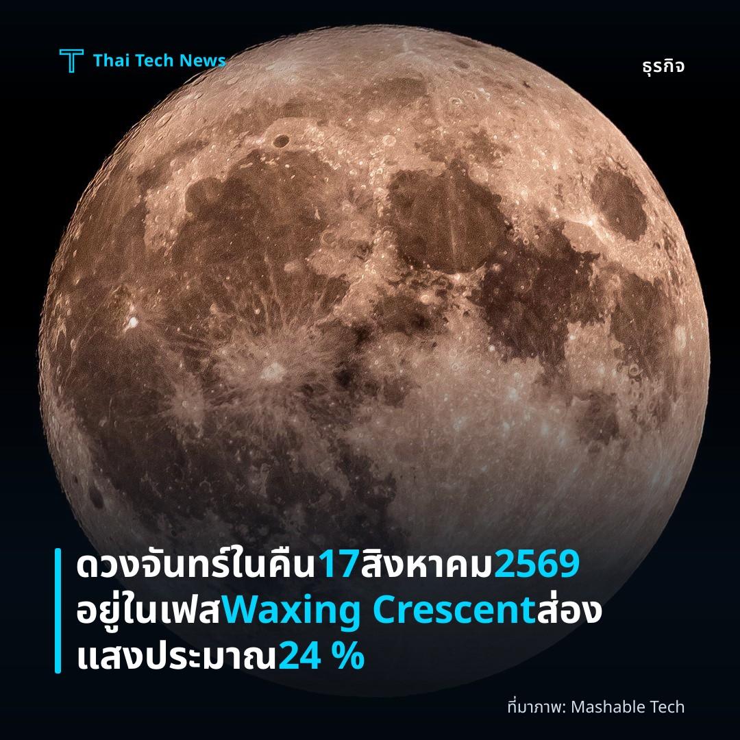 ดวงจันทร์ในคืน 17 สิงหาคม 2569 อยู่ในเฟส Waxing Crescent ส่องแสงประมาณ 24 %