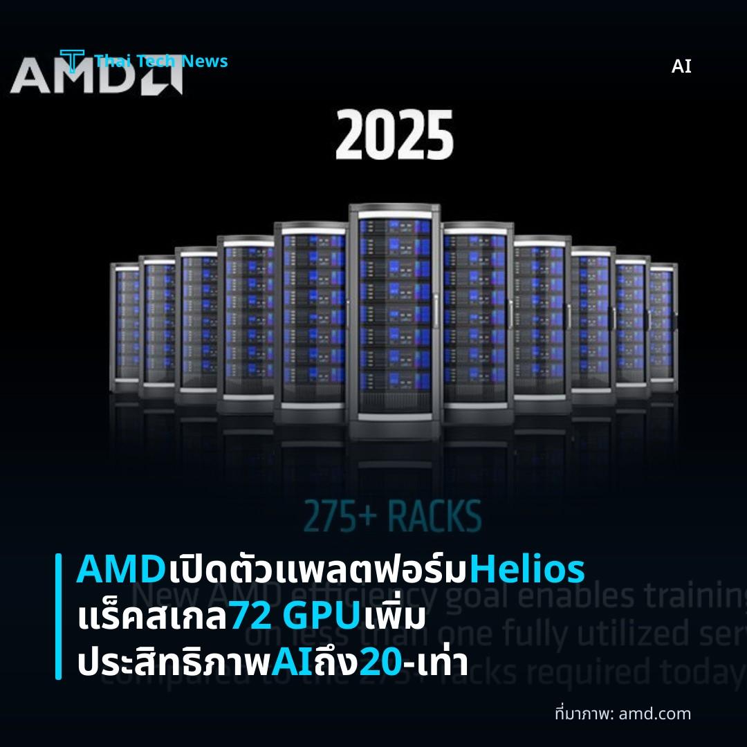 AMD เปิดตัวแพลตฟอร์ม Helios แร็คสเกล 72 GPU เพิ่มประสิทธิภาพ AI ถึง 20‑เท่า